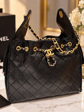 Black Quilted Chain Shoulder Bag Gold Tone Hardware Large Tote